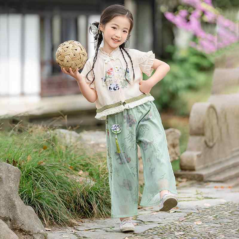 キッズ 女の子 新中華風 中国風 パンツ セットアップ 2点セット 夏 ノースリーブ 薄手 綿混 アプリコッ..