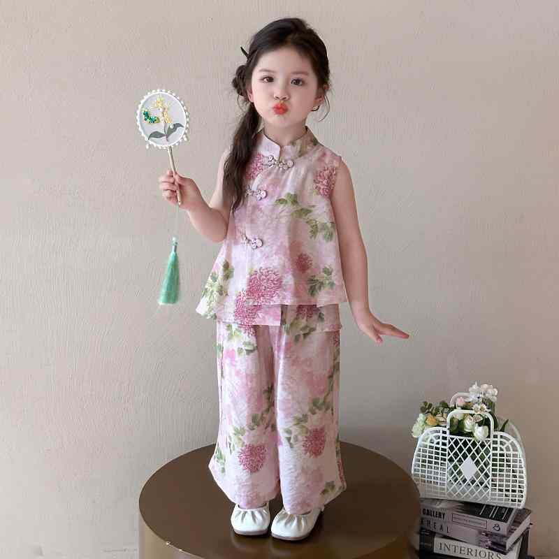 楽天花りぼんキッズ 女の子 子供服 幼児 ガールズ 中国風 漢服風 民族衣装 ノースリーブ セットアップ 上下セット パンツスタイル 花柄 薄手 ポリエステル 夏 かわいい カジュアル 普段着 お出かけ 涼しい