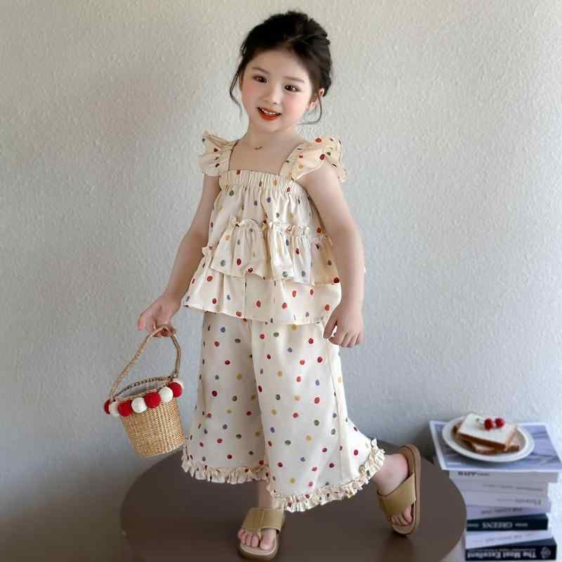 キッズ 女の子 春夏 セットアップ ツーピース 2点セット キャミソール フリル袖 ワイドパンツ 綿 薄手 ..