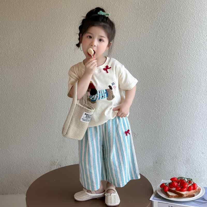 キッズ 女の子 セットアップ 韓国風 かわいい 切り替え 半袖 長ズボン 夏 薄手 綿素材 ストライプ柄 ダ..