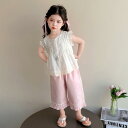キッズ 女の子 夏 上下セット ノースリーブ 薄手 トレンド 韓国風 おしゃれ 普段使い カジュアル 9分丈パンツ 綿混 ピンク
