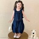 セットアップ キッズ 女の子 デニム ジーンズ 夏服 コットン ノースリーブ トップス ワイドパンツ クロップド丈 薄手 カジュアル おしゃれ 普段使い ブルー