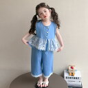 セットアップ キッズ 女の子 デニム ノースリーブ ベスト 九分丈 パンツ 夏物 かわいい ツーピース 綿 薄手 柔らかい ブルー