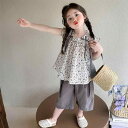 キッズ 女の子 セットアップ 綿混 小花柄 ジャンパースカート 半袖Tシャツ 七分丈パンツ 夏 薄手 おしゃれ カジュアル 2点セット