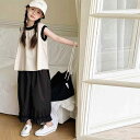 キッズ 女の子 パンツ セットアップ ノースリーブ ベスト ワイドパンツ 2点セット 綿 コットン 韓国ファッション カジュアル おしゃれ 普段使い 小学生 黒