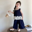 キッズ 女の子 セットアップ デニム ワイドロングパンツ 2点セット 夏 ノースリーブ 無地 薄手 綿 コットン ブルー 韓国風 カジュアル 通園 普段使い