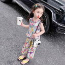キッズ 女の子 セットアップ ノースリーブ 小花柄 ワイドパンツ 9分丈 韓国風 綿混素材 薄手 軽量 通気性 やわらか 普段使い 夏 ルームウェア パープル