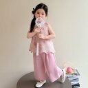 キッズ 女の子 セットアップ 女児 子供 中国風 夏 薄手 ノースリーブ 2点セット 綿混紡 パンツスタイル お出かけ 普段着 ピンク
