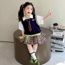 スカート セットアップ 女の子 キッズ スクール風 制服風 チェック柄 プリーツスカート 2点セット 小学生 幼稚園 通学 春夏 薄手 おしゃれ かわいい コットンブレンド 紺色