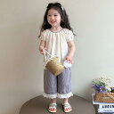 キッズ 女の子 春夏 セットアップ 半袖 レース ブラウス チェック柄 ロングパンツ 2点セット カジュアル ナチュラル 綿 やわらか 普段使い