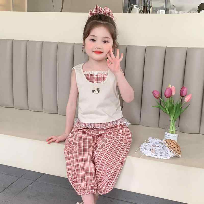 セットアップ キッズ 女の子 子供服 夏 ノースリーブ 格子柄 七分丈パンツ 2点セット おしゃれ かわい..