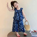 セットアップ 女児 女の子 キッズ 春夏 デニム 綿 薄手 おしゃれ かわいい ノースリーブ 9分丈パンツ ツーピース 2点セット 普段使い お出かけ カジュアル