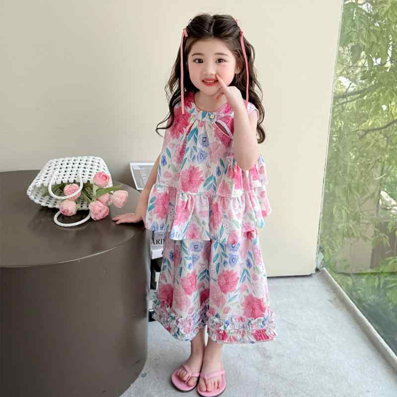 キッズ 女の子 夏服 小花柄 ノースリーブ トップス 9分丈 ワイドパンツ セットアップ 薄手 綿混 柔らか..