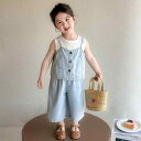 セットアップ 女の子 キッズ 夏 韓国風 デニム キャミソール タンクトップ ワイドパンツ 3点セット 薄手 コットン ブルー カジュアル 普段使い 通園 お出かけ
