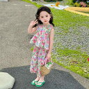 キッズ 女の子 夏服 ノースリーブ タンクトップ パンツ セットアップ 上下セット ツーピース 綿 コットン 薄手 涼しい 快適 花柄 韓国風 普段着 カジュアル