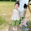 セットアップ 女の子 キッズ 夏物 ノースリーブ パンツ 2点セット おしゃれ 薄手 綿混 グリーン カジュアル 普段使い 9分丈 柔らか素材