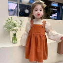 セットアップ 女の子 キッズ ガールズ 春秋 長袖トップス サロペットスカート 2点セット かわいい おしゃれ コットン レンガ色 花柄 リボン カジュアル 普段使い お出かけ 小学生 幼稚園