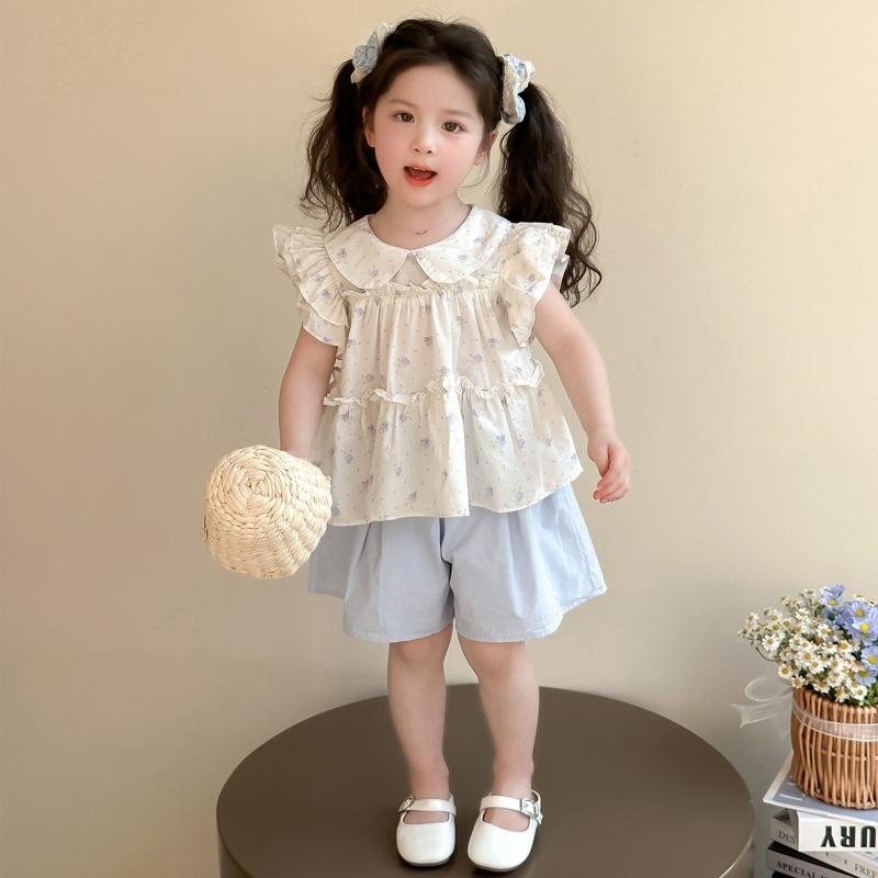 セットアップ キッズ 女の子 ベビー 子供 春夏 半袖 ドールブラウス ショートパンツ 綿混 薄手 おしゃ..