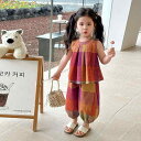 セットアップ キッズ 女の子 ノースリーブトップス ショートパンツ 2点セット チェック柄 韓国風 おしゃれ 薄手 綿混紡 夏服 オレンジ カジュアル 普段使い