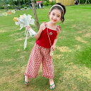 キッズ 女の子 ベビー チェリー柄 チェック柄 ノースリーブ キャミソール ツーピース セットアップ かわいい 薄手 夏物 綿混 ポリエステル 赤色 お出かけ 普段着