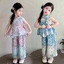 チャイナドレス 女の子 子供服 キッズ セットアップ ツーピース モダンチャイナスタイル 花柄 薄手 ソフトな肌触り 夏物 綿混 ポリエステル 青 緑 紫