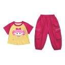 子供服 女の子 キッズ ベビー バイカラー 配色 半袖 Tシャツ ワークパンツ セットアップ ツーピース コットン 綿 薄手 柔らかい 夏 サマー ローズレッド ピンク系 カジュアル 普段使い