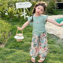 キッズ 女の子 子供服 春夏 かわいい おしゃれ 韓国風 ファッション セットアップ ツーピース タンクトップ 小花柄 ショートパンツ 薄手 綿混 普段使い ルームウェア グリーン 2点セット