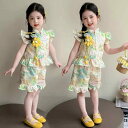 セットアップ 女の子 キッズ 子供服 小花柄 チャイナ風 半袖 ショートパンツ 半ズボン ツーピース 夏服 サマー カジュアル おしゃれ 綿混 薄手 グリーン