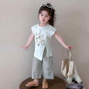 キッズ 女の子 ガールズ 半袖Tシャツ ストライプ柄ワイドパンツ セットアップ ツーピース 綿混 コットン 薄手 ソフト キャラクター 韓国風 おしゃれ かわいい グレー 普段使い 春夏