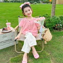 セットアップ キッズ 女の子 韓国風 ドールブラウス ノースリーブ パンツ 綿混 薄手 無地 2点セット 夏 普段使い 部屋着 ピンク キャラメル