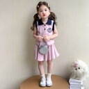 キッズ 女の子 ベビー スクール風 ポロシャツ ショートスカート セットアップ 夏物 薄手 綿混 柔らかい かわいい ピンク 普段使い 通学 カジュアル