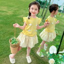 キッズ 女の子 夏服 半袖 Tシャツ セットアップ バルーンスカート 綿混 薄手 キャラクター フリルスリーブ 普段着 かわいい おしゃれ 2点セット