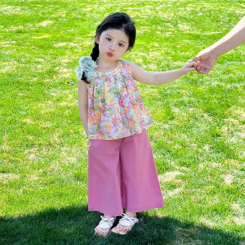 セットアップ 女の子 キッズ 韓国風 小花柄 ノースリーブ ワイドパンツ 2点セット 綿混紡 薄手 おしゃ..