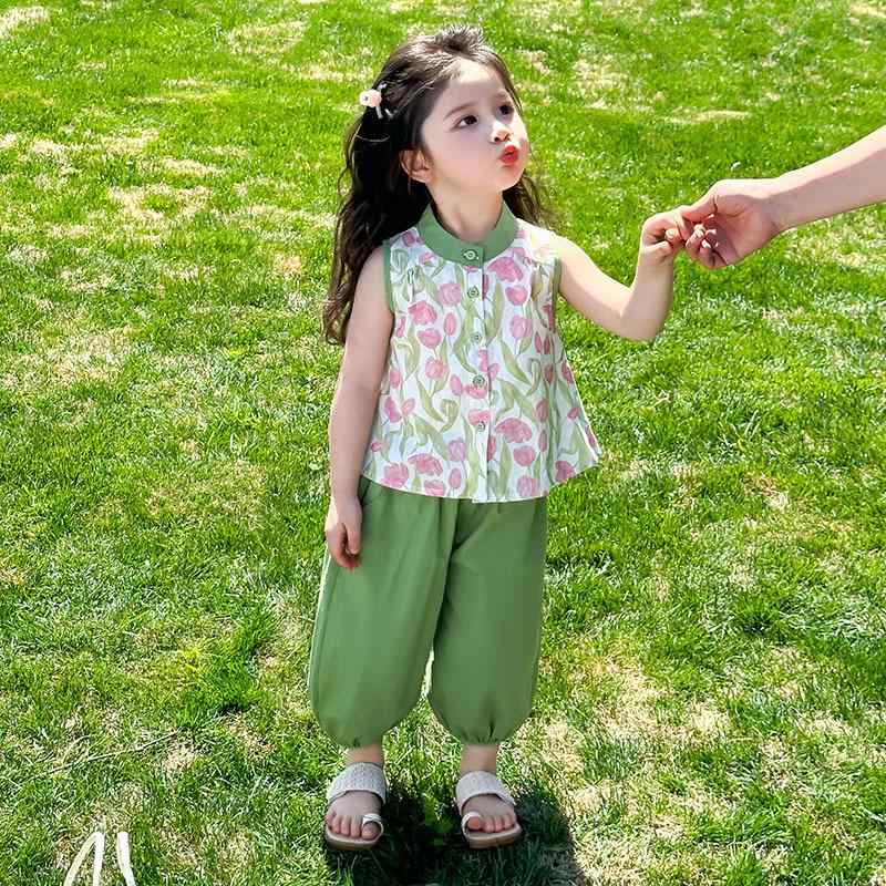 パンツセット 女の子 ガールズ ベビー キッズ 子供服 春夏 韓国風 ノースリーブ ロングパンツ 薄手 花柄 綿素材 おしゃれ カジュアル 普段使い