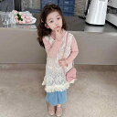 セットアップ 女の子 キッズ 子供 ベストワンピース ジャンパースカート 長袖 レースインナー フリル 綿 コットン ピンク 無地 韓国風 カジュアル お出かけ 春秋