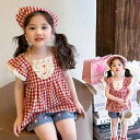 キッズ 女の子 春夏 セットアップ チェック柄 フリル袖 ブラウス デニム ショートパンツ おしゃれ かわいい 韓国風 綿混 薄手 肌触り良い お出かけ 普段使い カジュアルスタイル