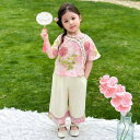 キッズ チャイナドレス 女の子 漢服 セットアップ 中国風 民族衣装 薄手 花柄 子供服 女児 伝統衣装 コスチューム 綿混紡 ポリエステル 柔らかい 夏用 ピンク