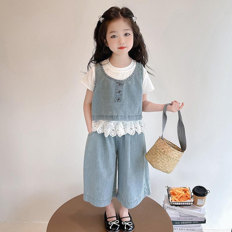 キッズ 女の子 デニム セットアップ ゆったり ルーズ 薄手 半袖 ショートパンツ 3点セット 韓国ファッ..