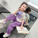 子供服 女の子 キッズ アルファベット柄 半袖 Tシャツ カーゴパンツ セットアップ 夏 ツーピース カジュアル コットン 薄手 お出かけ 普段使い ピンク パープル