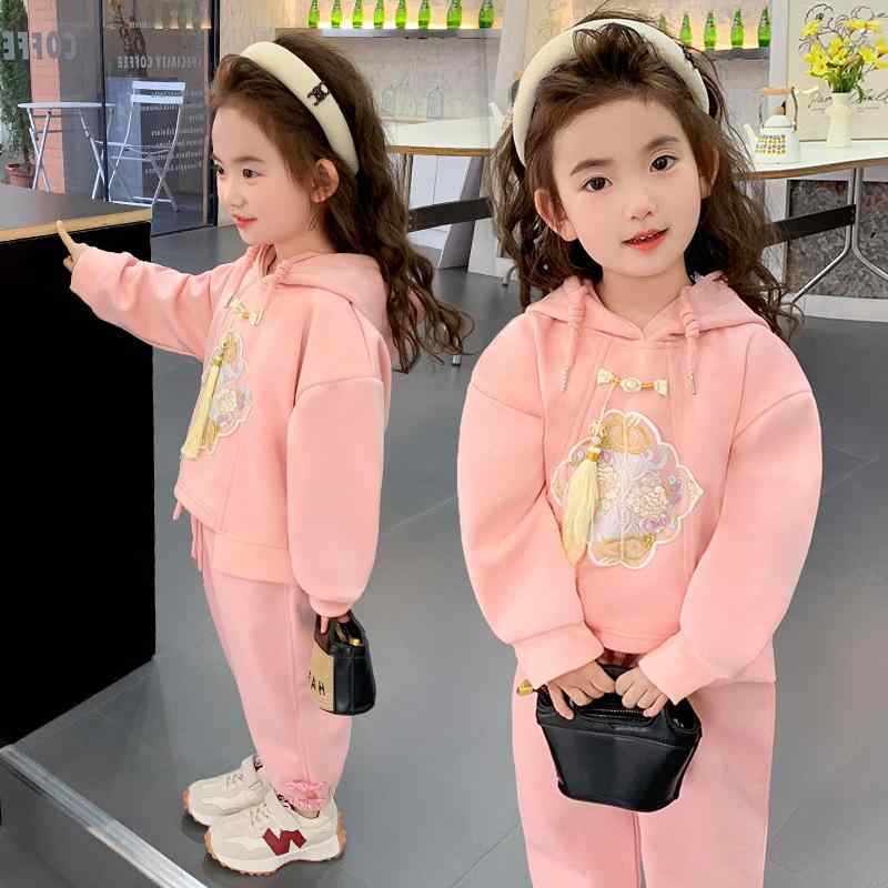 キッズ スウェット セットアップ 女の子 ベビー 子供服 中華風 フード付き 長袖 丁寧な刺繍 コットン ..