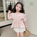 キッズ 女の子 セットアップ 韓国風 おしゃれ かわいい 半袖Tシャツ パフスリーブ 夏服 薄手 ポリエステル 普段使い 通学 お出かけ