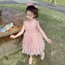 ワンピース キッズ 女の子 春夏 ノースリーブ チュール ボリューム フェザー ピンク ポリエステル 綿混 快適 通気性 柔らかい 無地 プリンセス ドレス フォーマル お出かけ
