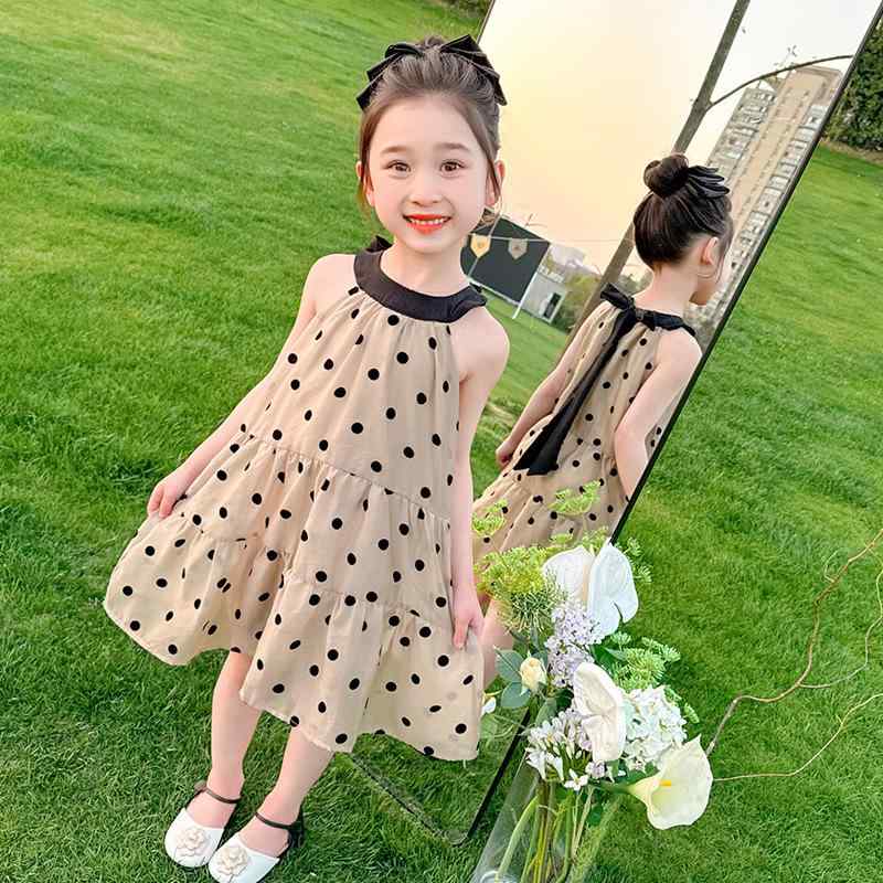 ワンピース キッズ 女の子 夏物 シフォン 水玉 ドット柄 ポリエステル ノースリーブ プリンセスドレス ..