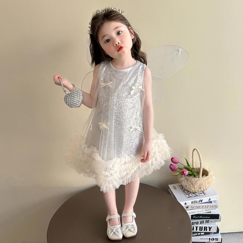 ワンピース キッズ 女の子 夏 ノースリーブ スパンコール チュール プリンセスドレス 羽根 ストラップ ..