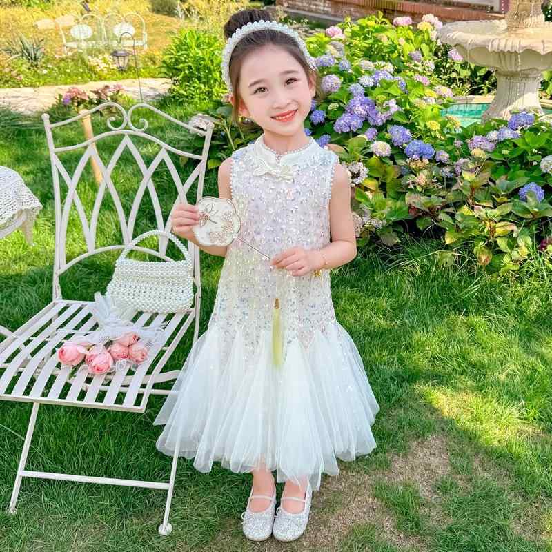 チャイナドレス 女の子 キッズ ノースリーブ プリンセス ワンピース 夏用 綿混 コットンブレンド メッ..