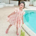 キッズ 女の子 ベビー ワンピース 花柄 フリル袖 ティアード プリンセス ドレス 春夏 綿混 コットン ポリエステル ピンク かわいい おしゃれ お出かけ