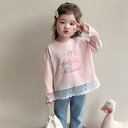 Tシャツ 女の子 ベビー キッズ レース 切り替え 長袖 ラウンドネック 綿混 おしゃれ 韓国風 かわいい カジュアル 春夏 普段使い アイボリー ピンク(4)