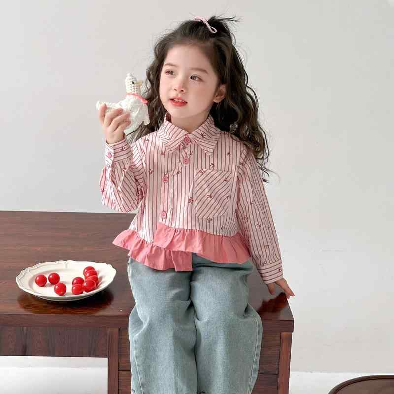 シャツ キッズ 女の子 ベビー ストライプ 不規則 長袖 Vネック 韓国風 おしゃれ 春夏 トップス 綿混 やわらか素材 デイリー お出かけ ブルー ピンク