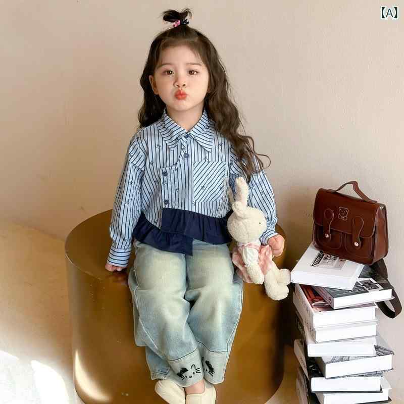 シャツ キッズ 女の子 ベビー ストライプ 不規則 長袖 Vネック 韓国風 おしゃれ 春夏 トップス 綿混 やわらか素材 デイリー お出かけ ブルー ピンク