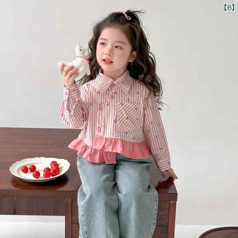 シャツ キッズ 女の子 ベビー ストライプ 不規則 長袖 Vネック 韓国風 おしゃれ 春夏 トップス 綿混 やわらか素材 デイリー お出かけ ブルー ピンク